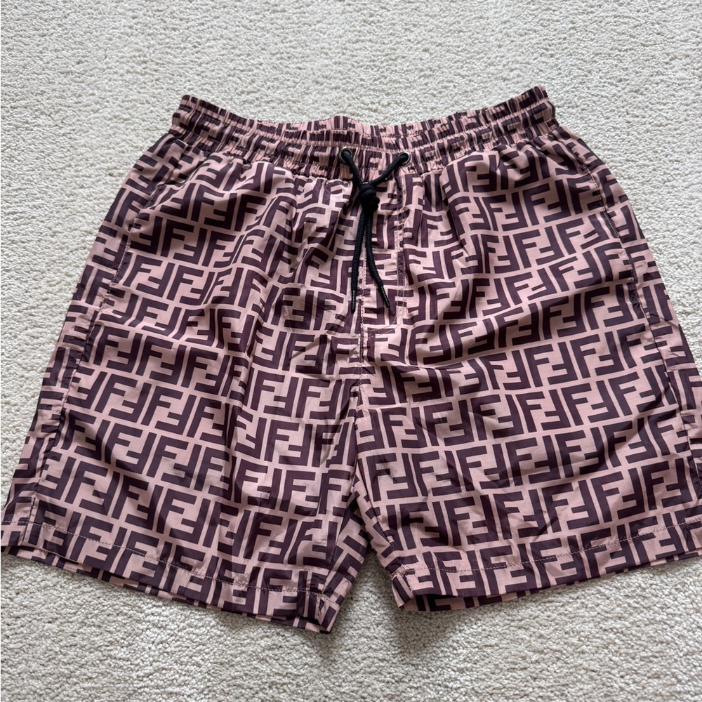 Fendi Brown and Black Logo Swim Trunks
